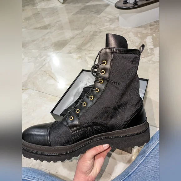 Versace Medusa Leather & Jacquard Combat Boot Black